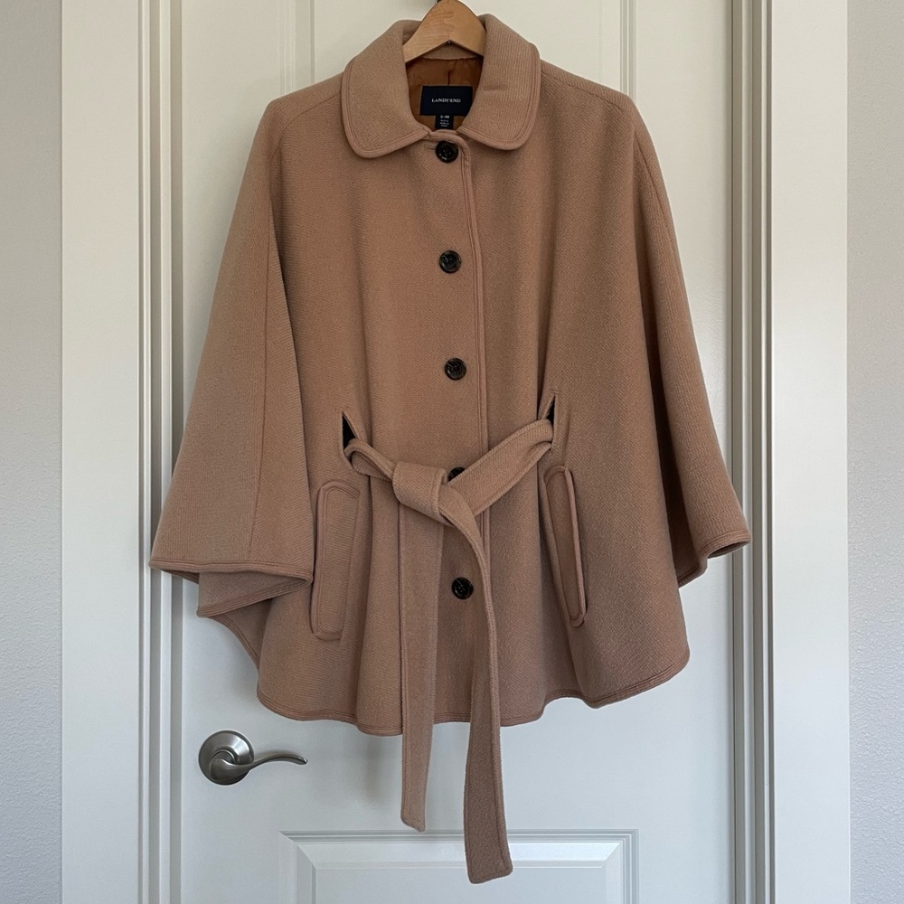 Lands’ End Tan Wool/Angora Cape Jacket Coat with Belt Size S/M
